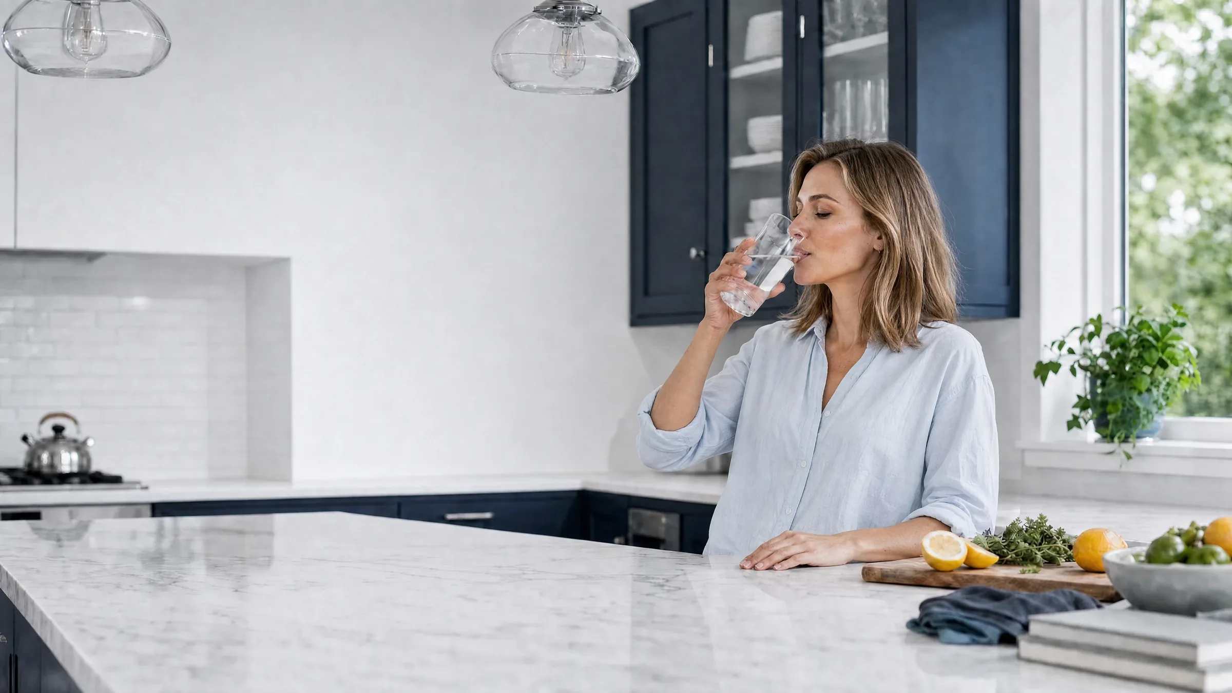 A hand holding a clear glass of water beside a sunny window, in an illustrative photograph
